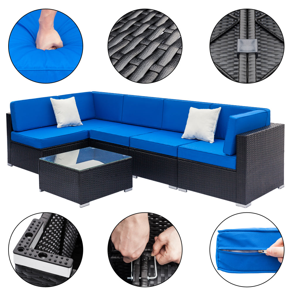 Blue and Black PE Rattan Patio Sectional Set with Table P34956