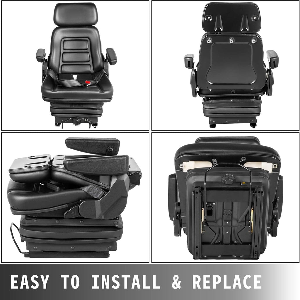 Suspension Seat with Slide Rails, Adjustable Backrest Headrest Armrest, Foldable Heavy Duty R614
