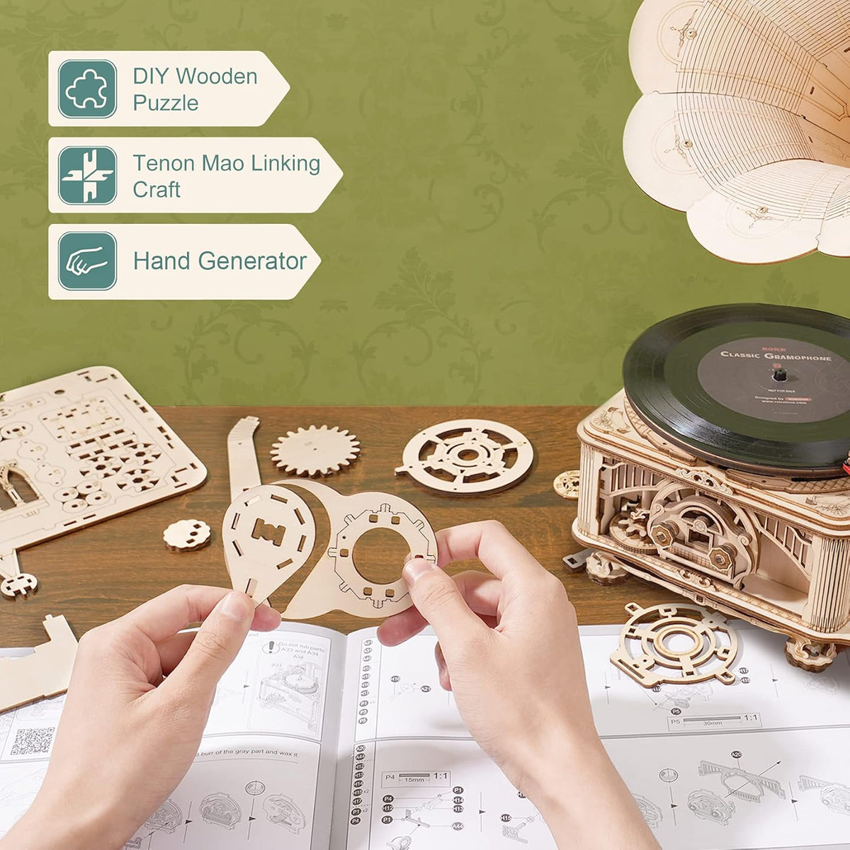 3D Wooden Puzzles Record Player DIY Mechanical Gramophone H486