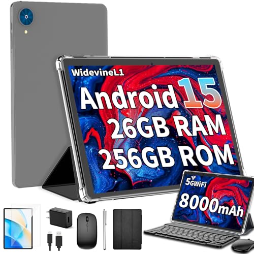 Android 15 Tablet with Keyboard, 26GB+256GB, 10.1 Inch, 8000 mAh, 5G WiFi, Dual Camera, 2 in 1, Black F2848