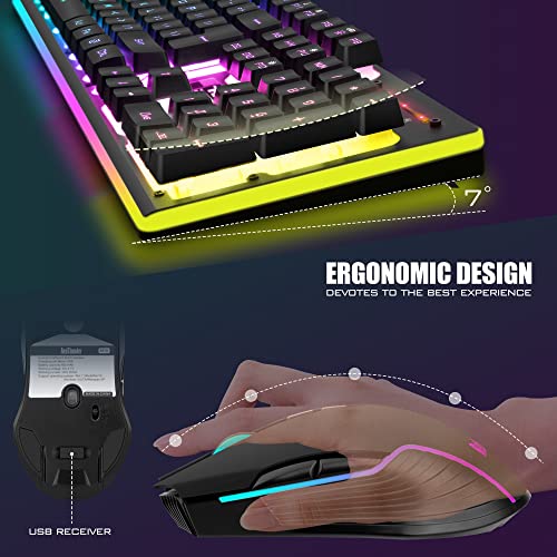 Wireless Gaming Keyboard and Mouse Combo with LED Backlit Rechargeable 3800mAh Battery, Mechanical Feel Anti-ghosting Keyboard and 7D 3200DPI Mice (Black) Y704