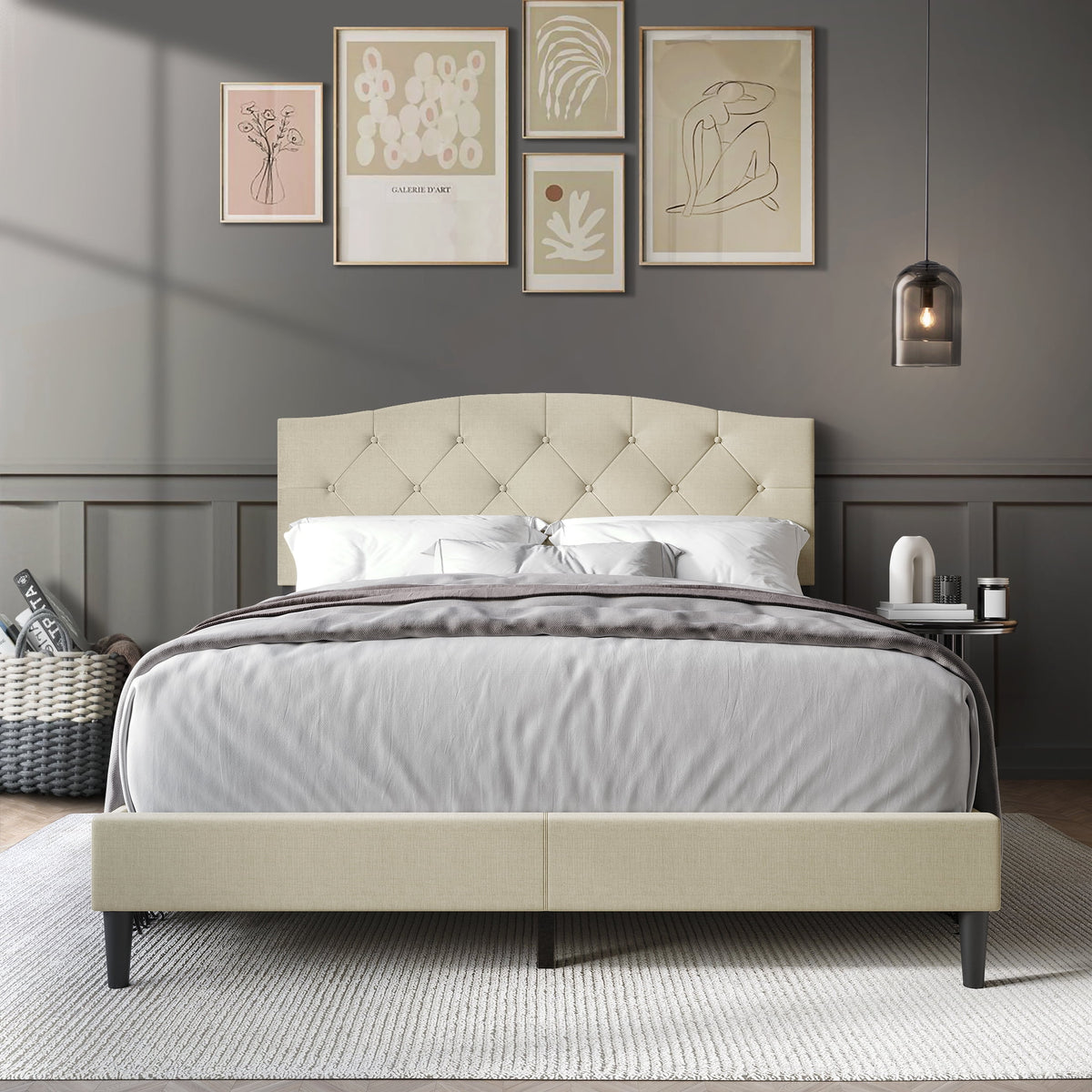 Beige Linen Upholstered Platform Bed V3864