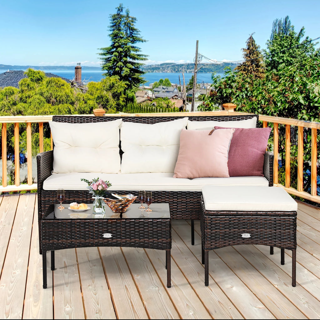 3 Pc Cushioned Patio Rattan Sofa Set G7951