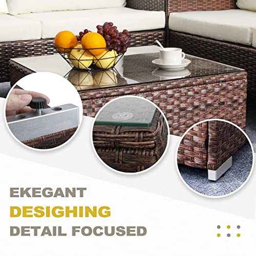 Outdoor Wicker Coffee Table with Glass Top, 25.2in Mixed Brown B26936