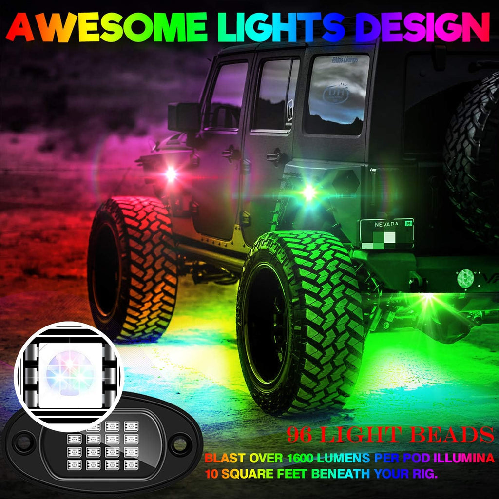 6-Pack LED RGB Neon Underglow Pod Rock Lights Kit, 96LEDs, Waterproof 12V W249