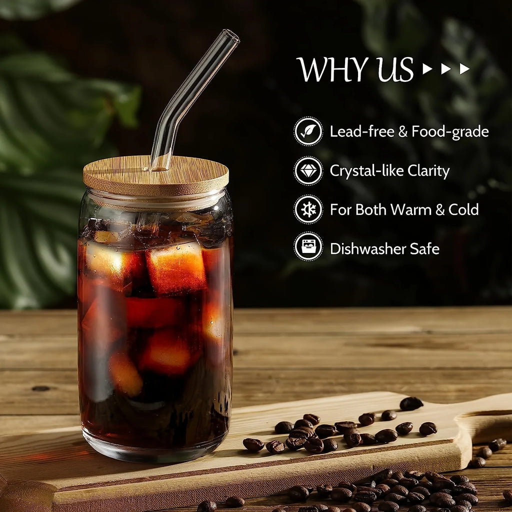 16oz Can Shaped Drinking Glasses with Bamboo Lids and Glass Straws K502