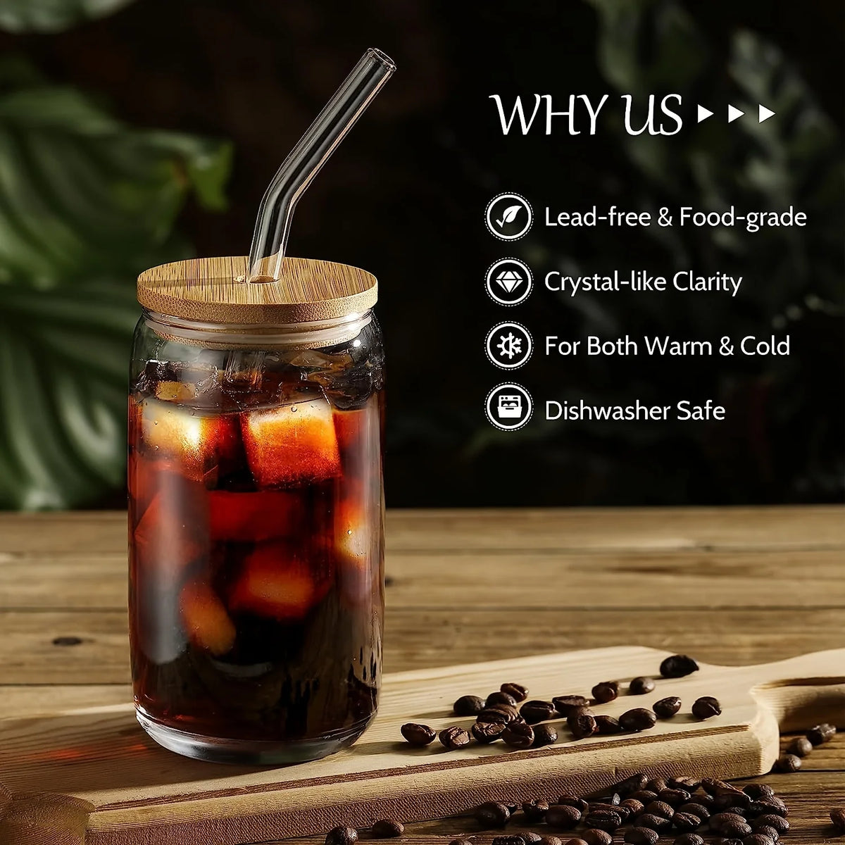16oz Can Shaped Drinking Glasses with Bamboo Lids and Glass Straws K502