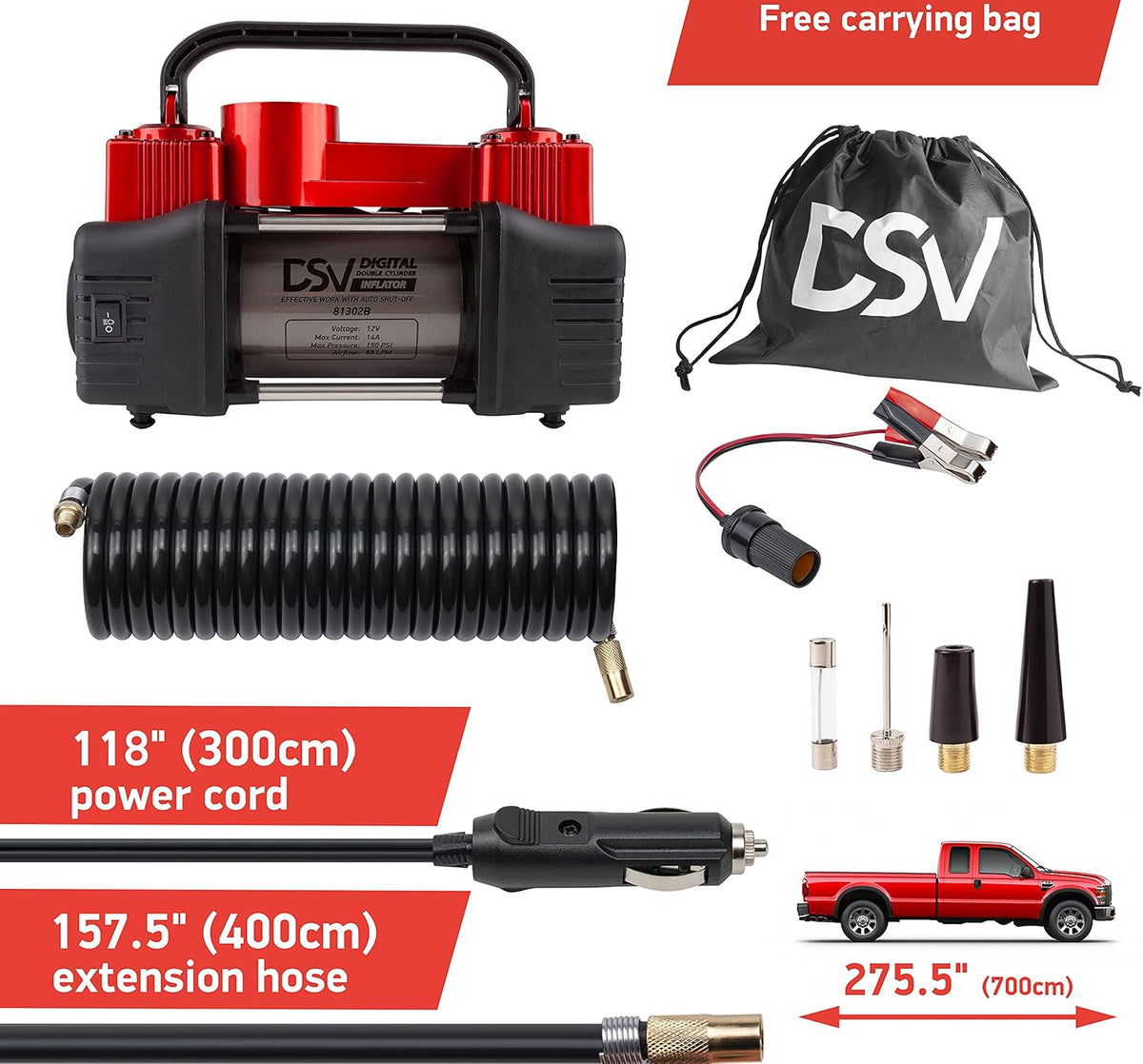 Portable Heavy Duty Double Cylinder Car Air Compressor Digital Tire Inflator, 12V 150PSI Air Pump with Auto Shut Off, LED Light, Extension Hose B9932