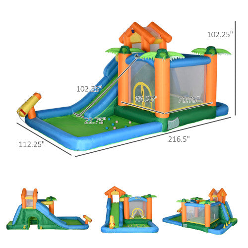 Inflatable Water Park with Blower, 6-in-1 Water Slide Jumping Castle D19318