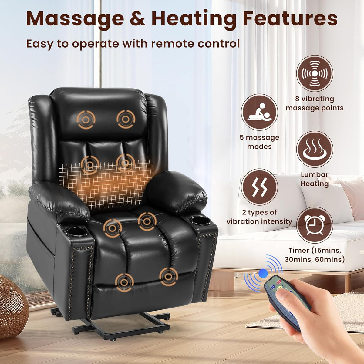Black Dual Motor Power Lift Chair Recliner with Heat and Massage H47663