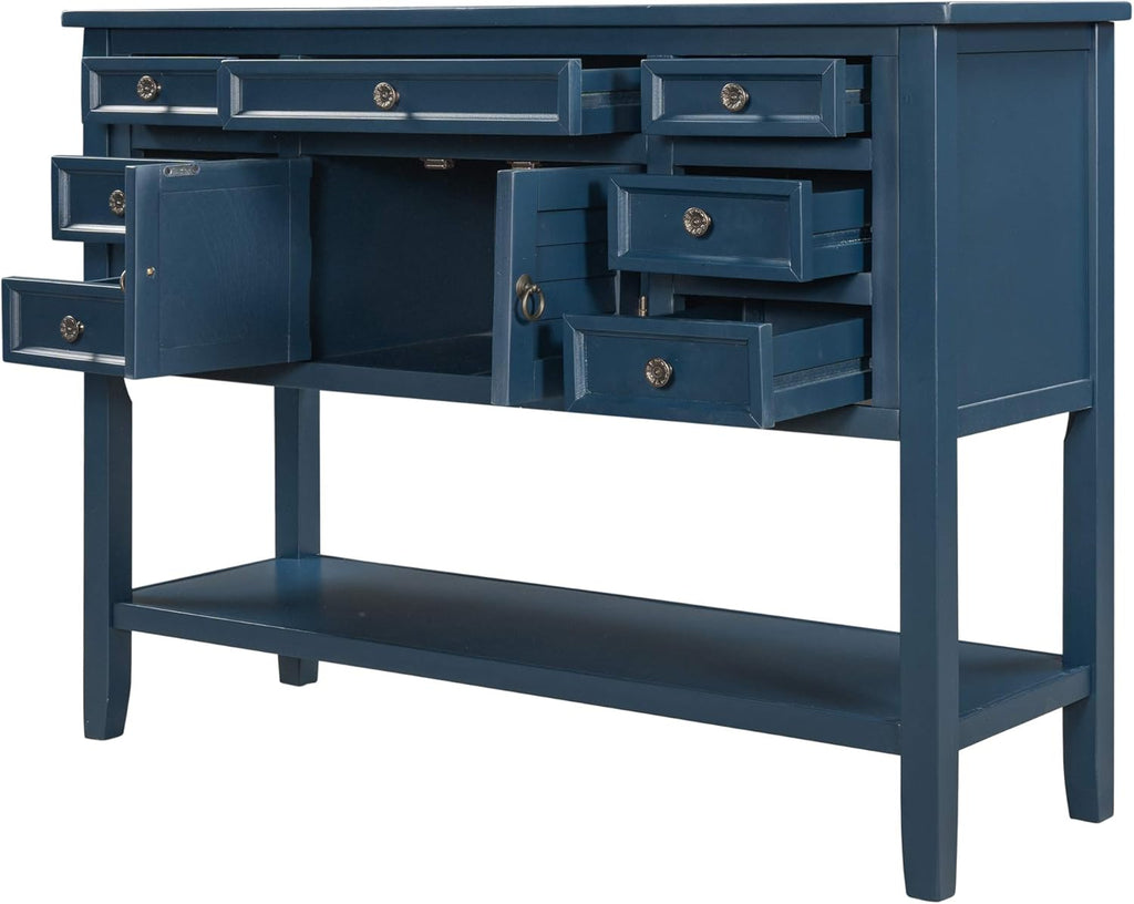 Navy Blue Console Table with 7 Drawers and Cabinet X4831