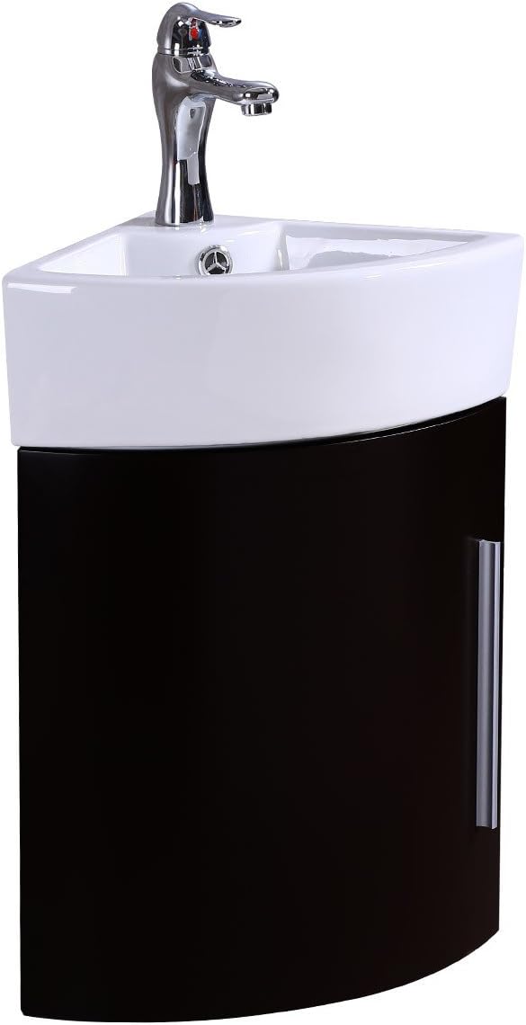 White Vitreous China Wall Mount Vanity Sink with Dark Oak Cabinet and Chrome Faucet H52885