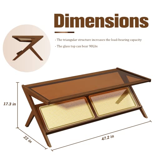 Mid-Century Modern Coffee Table with Glass Top Rattan Storage Q851314