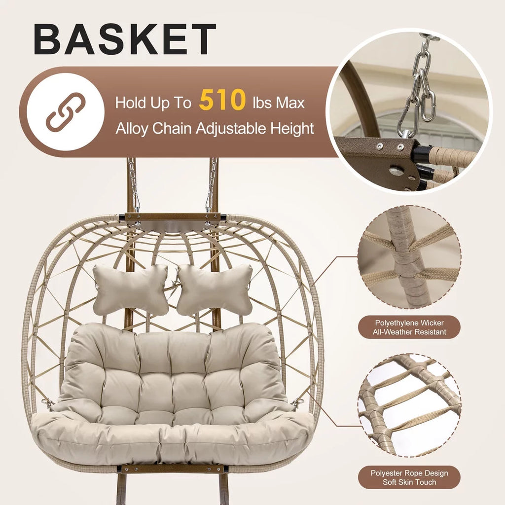 Beige Wicker Double Egg Chair with Stand Q4526