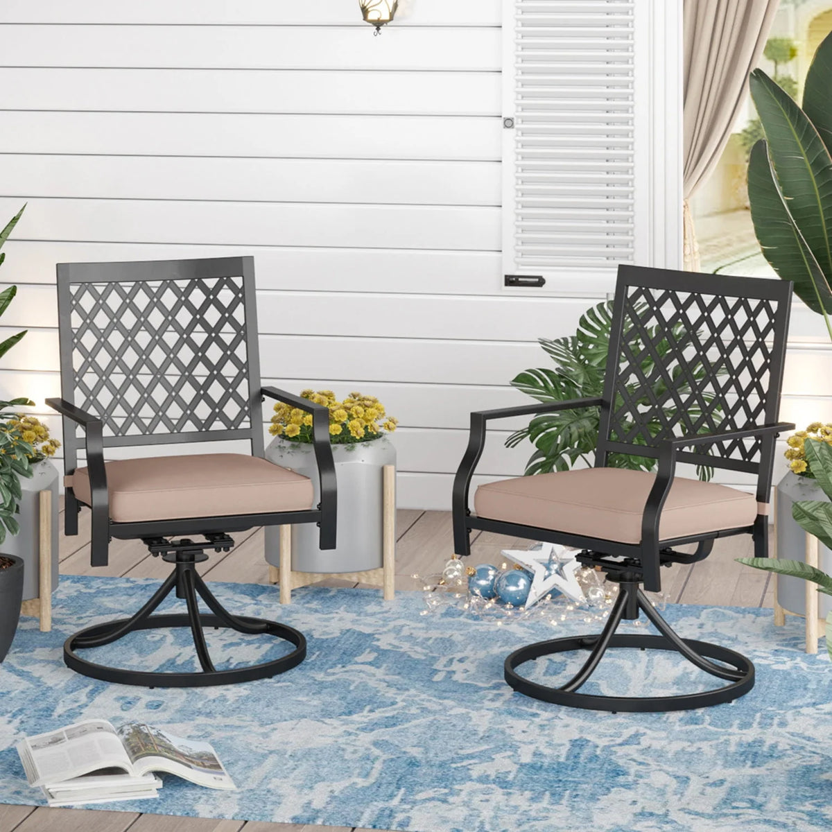 Set of 2 Metal Swivel Outdoor Dining Chairs with Beige Cushions K6971