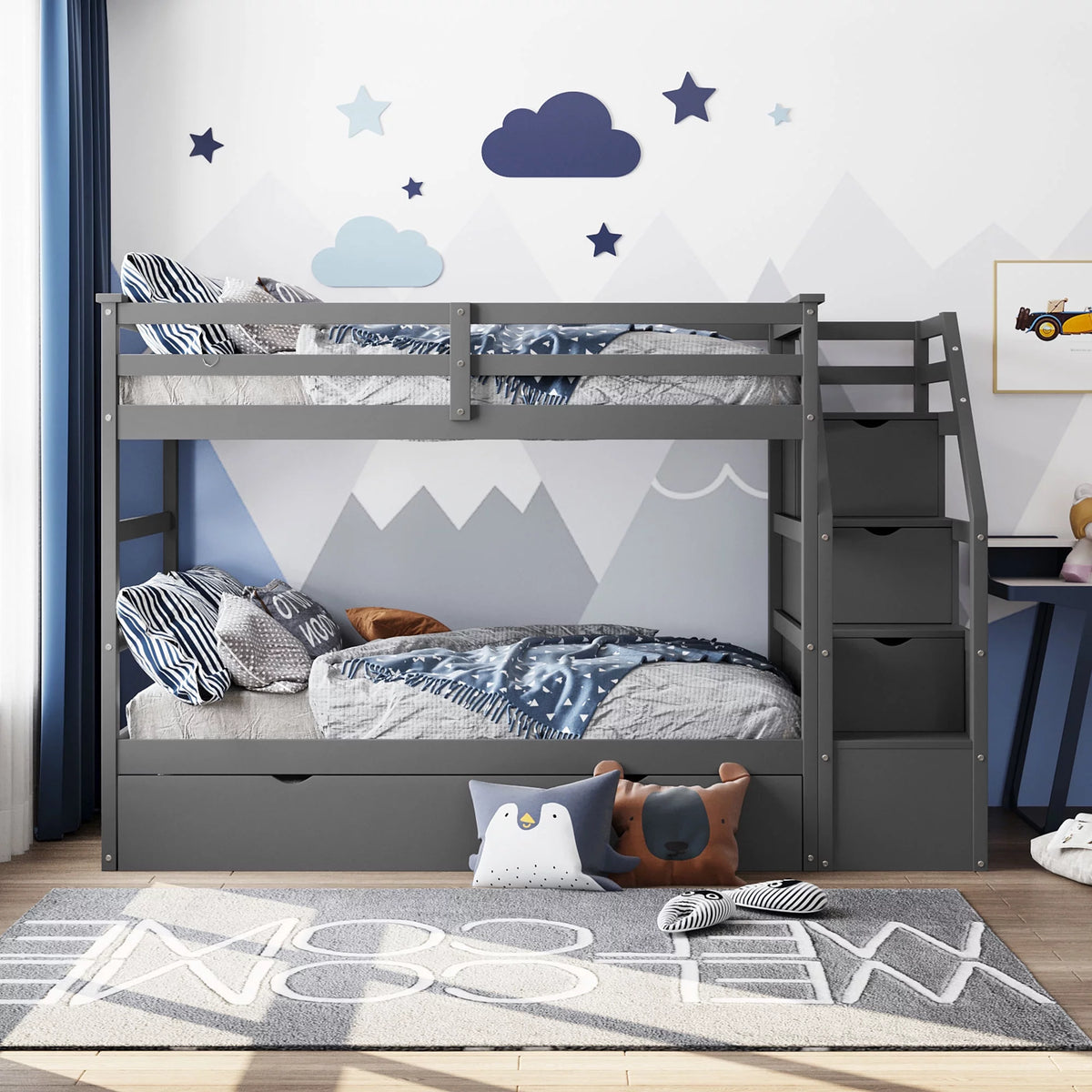 Twin-Over-Twin Bunk Bed with Trundle and 3 Storage Stairs Gray L2899