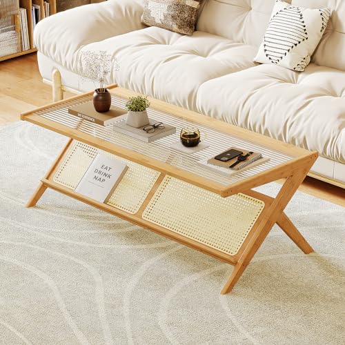 Mid-Century Modern Coffee Table with Glass Top Rattan Storage Q851314