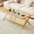 Mid-Century Modern Coffee Table with Glass Top Rattan Storage Q851314