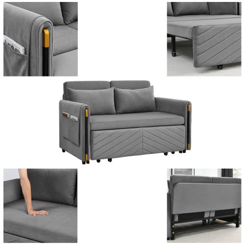 Gray Velvet Convertible Sofa Bed with 2 Pillows O87754