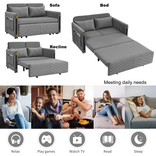 Gray Velvet Convertible Sofa Bed with 2 Pillows O87754