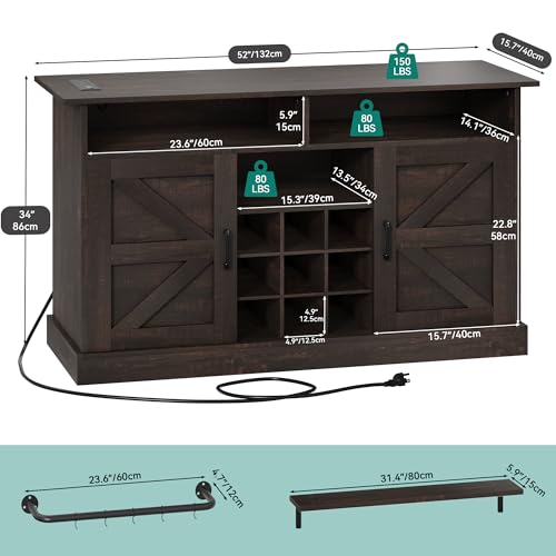 Rustic Brown Buffet Cabinet with Power Outlet and Floating Shelves P635702