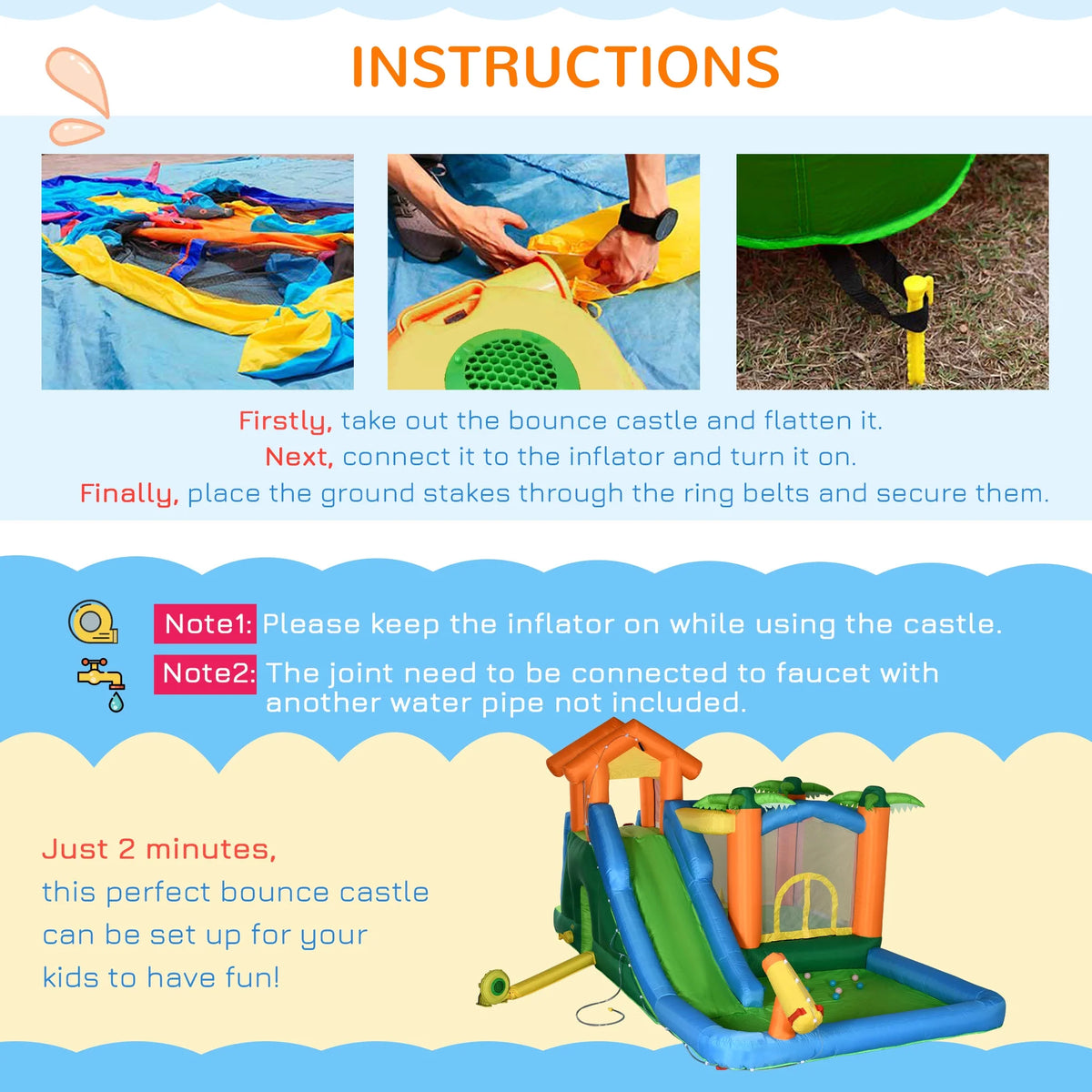 Inflatable Water Park with Blower, 6-in-1 Water Slide Jumping Castle D19318