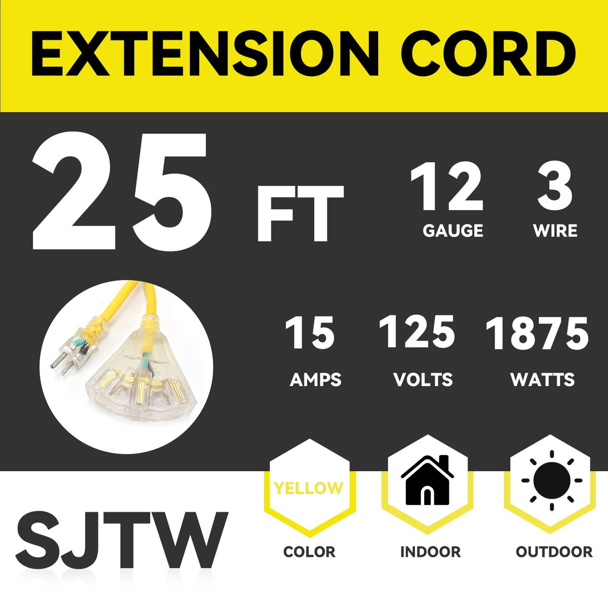 25 Ft 12/3 SJTW Extension Cord with 3 Electrical Power Outlets T81157