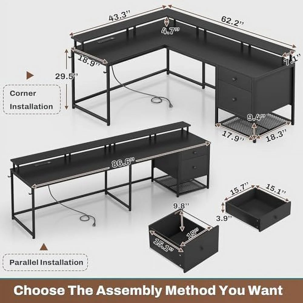 Black L Shaped Corner Computer Desk with Drawers P2695
