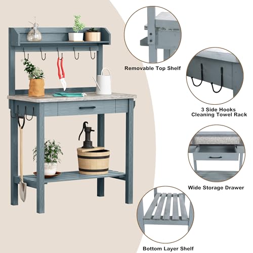 Outdoor Potting Bench Table with Storage Drawer and Removable Shelf Rack Q10160