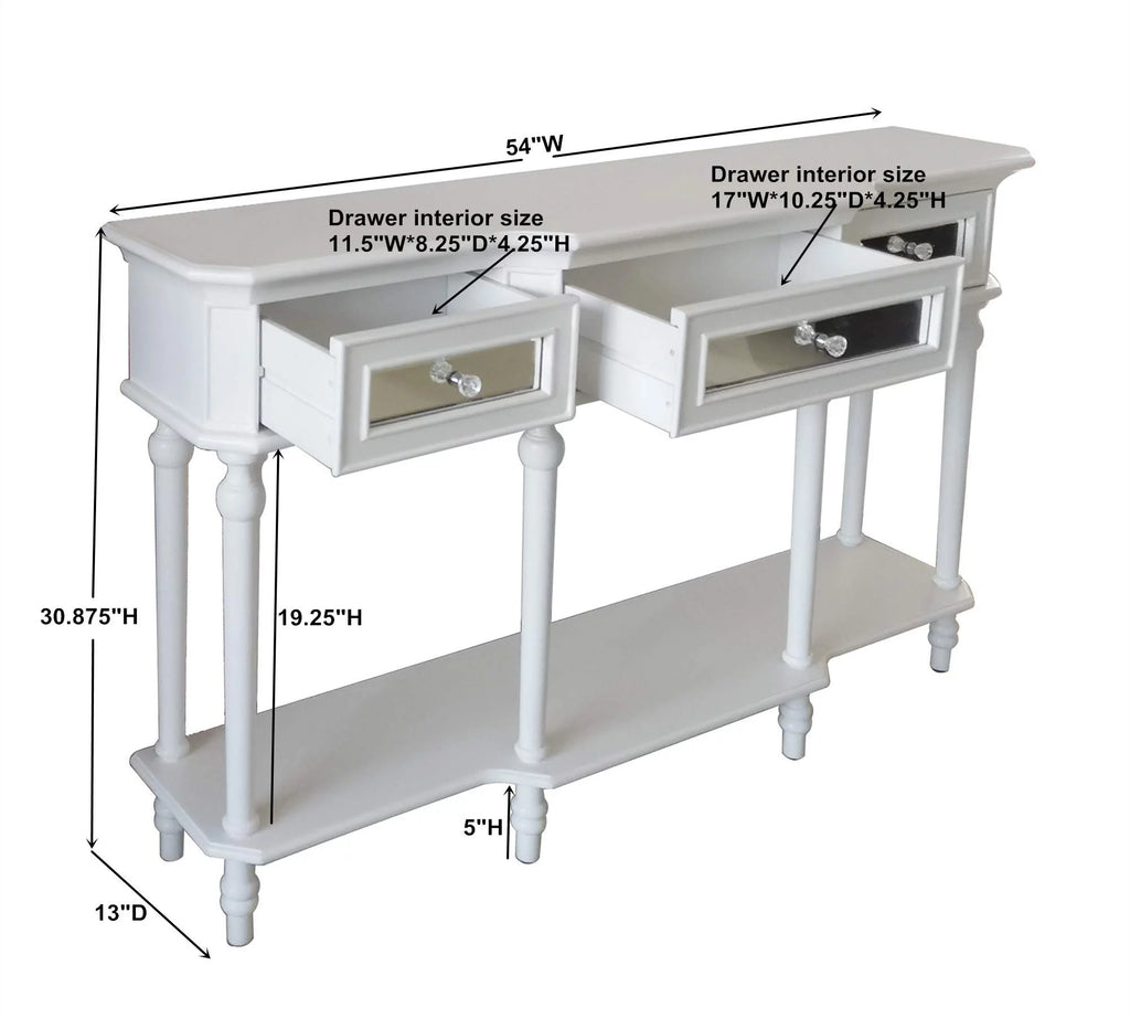 White Console Table with Mirrored Storage Drawers and Lower Shelf H962022