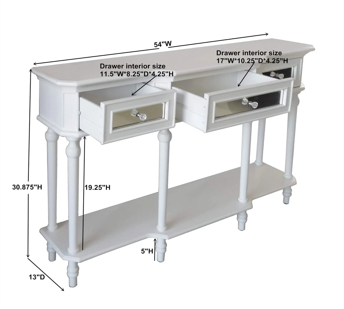 White Console Table with Mirrored Storage Drawers and Lower Shelf H962022