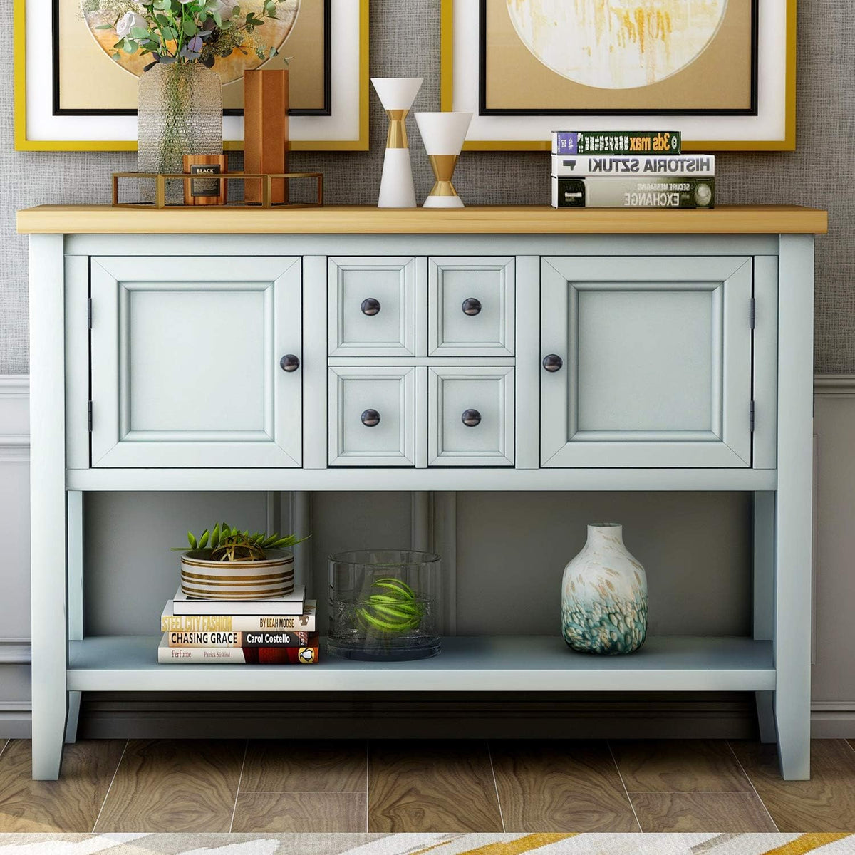Solid Wood Console Table with 3 Drawers, 2 Cabinet and 1 Shelf P719