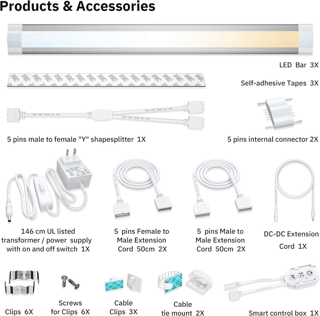 Under Cabinet LED Light Bar Kit, 3 Lights, Dimmable Warm to Cool White N38353