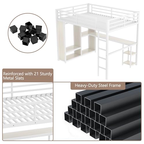 Queen Heavy Duty Metal Loft Bed with L-Shaped Desk, Wardrobe & 5 Storage Shelves X92616