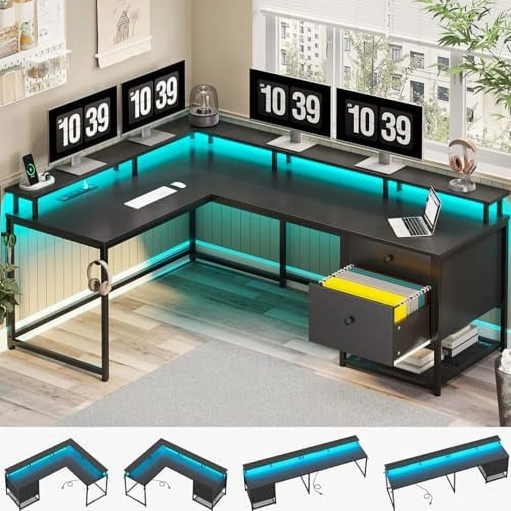 Black L Shaped Corner Computer Desk with Drawers P2695