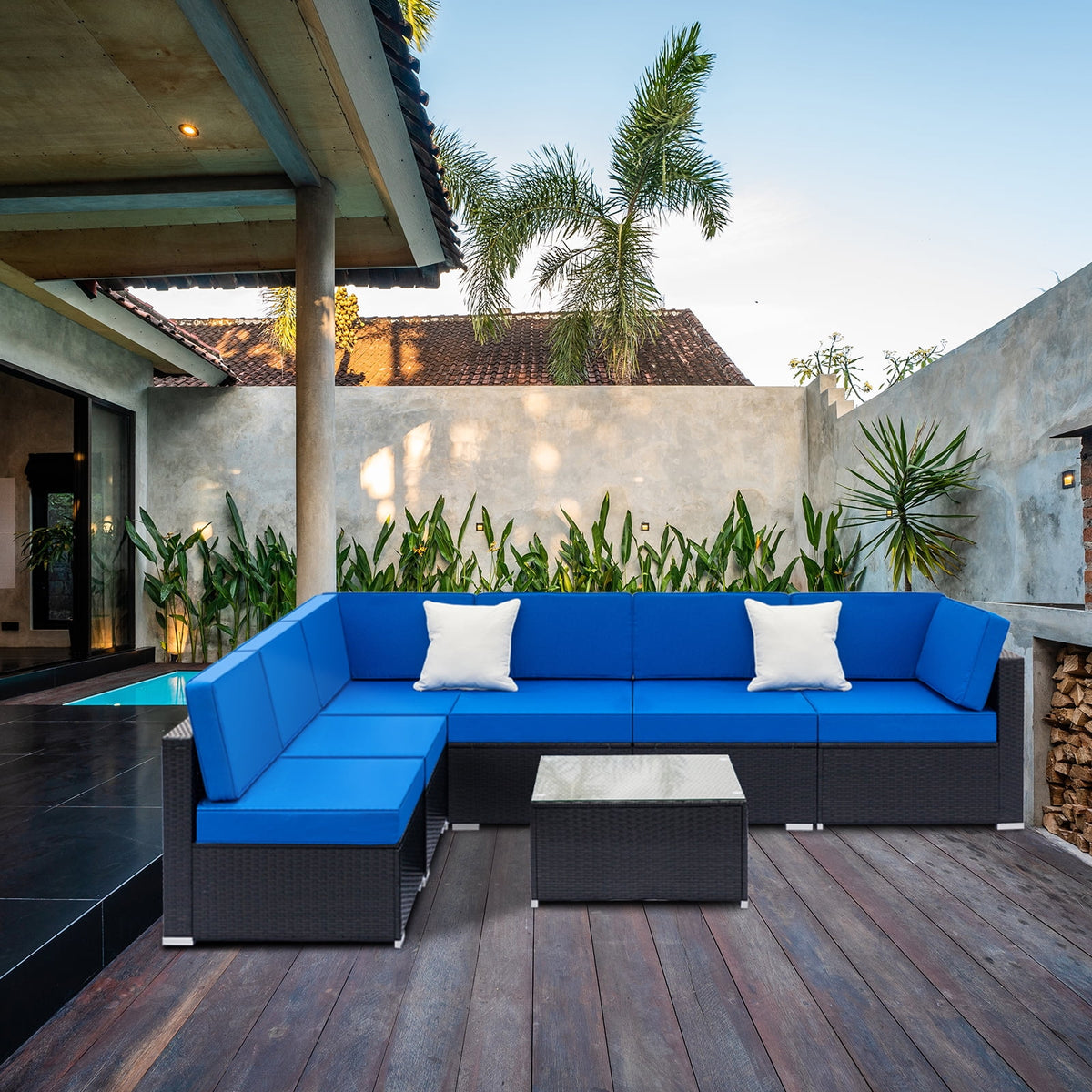Blue and Black PE Rattan Patio Sectional Set with Table P34956