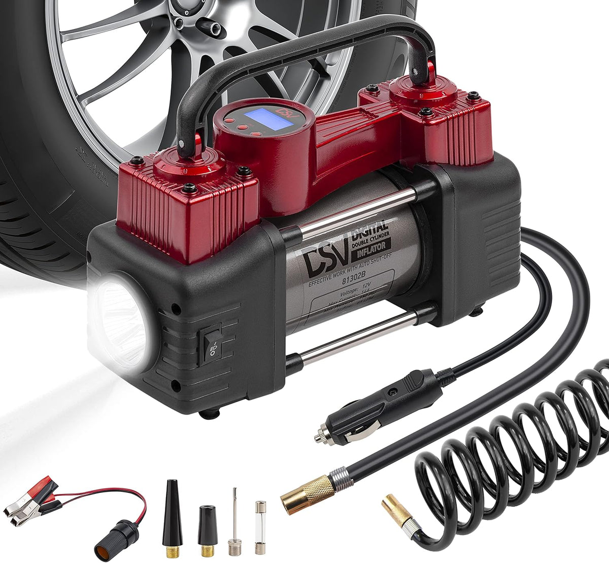 Portable Heavy Duty Double Cylinder Car Air Compressor Digital Tire Inflator, 12V 150PSI Air Pump with Auto Shut Off, LED Light, Extension Hose B9932