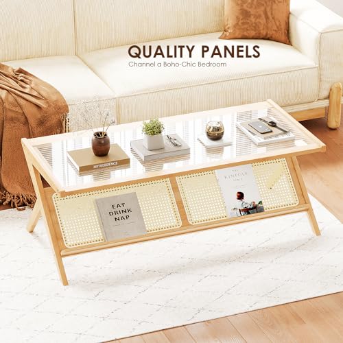 Mid-Century Modern Coffee Table with Glass Top Rattan Storage Q851314