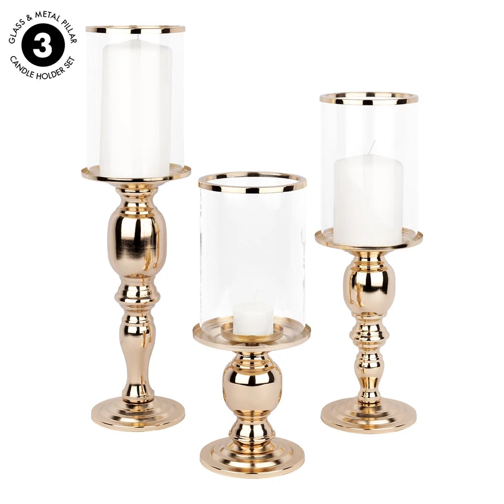 Copper Pillar Candle Holders With Hurricane Glass, Set of 3 T32688