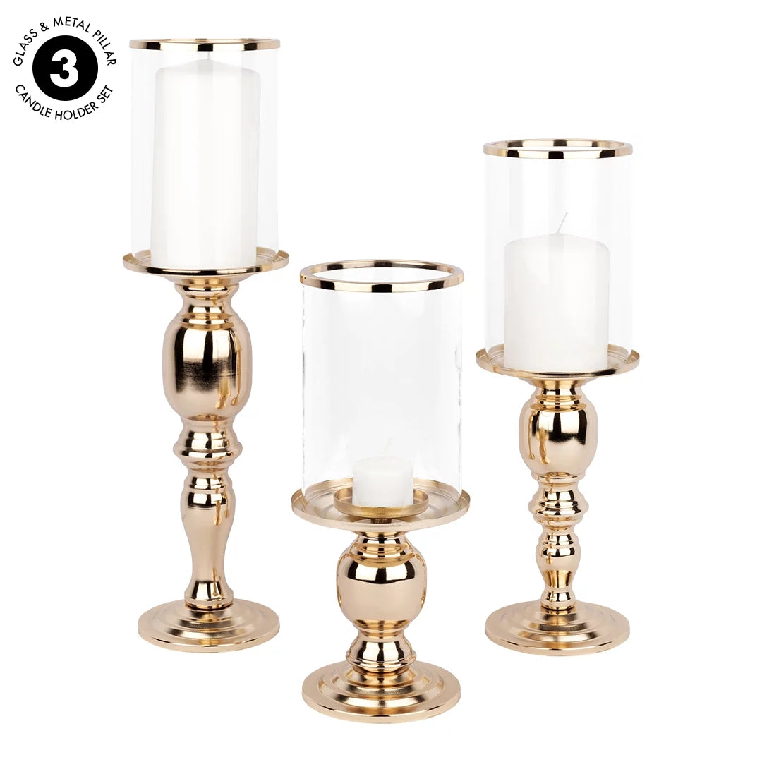 Copper Pillar Candle Holders With Hurricane Glass, Set of 3 T32688