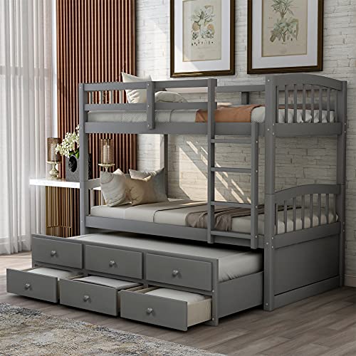 Twin Over Twin Solid Wood Bunk Bed with Storage Drawers and Trundle (Espresso) B92589