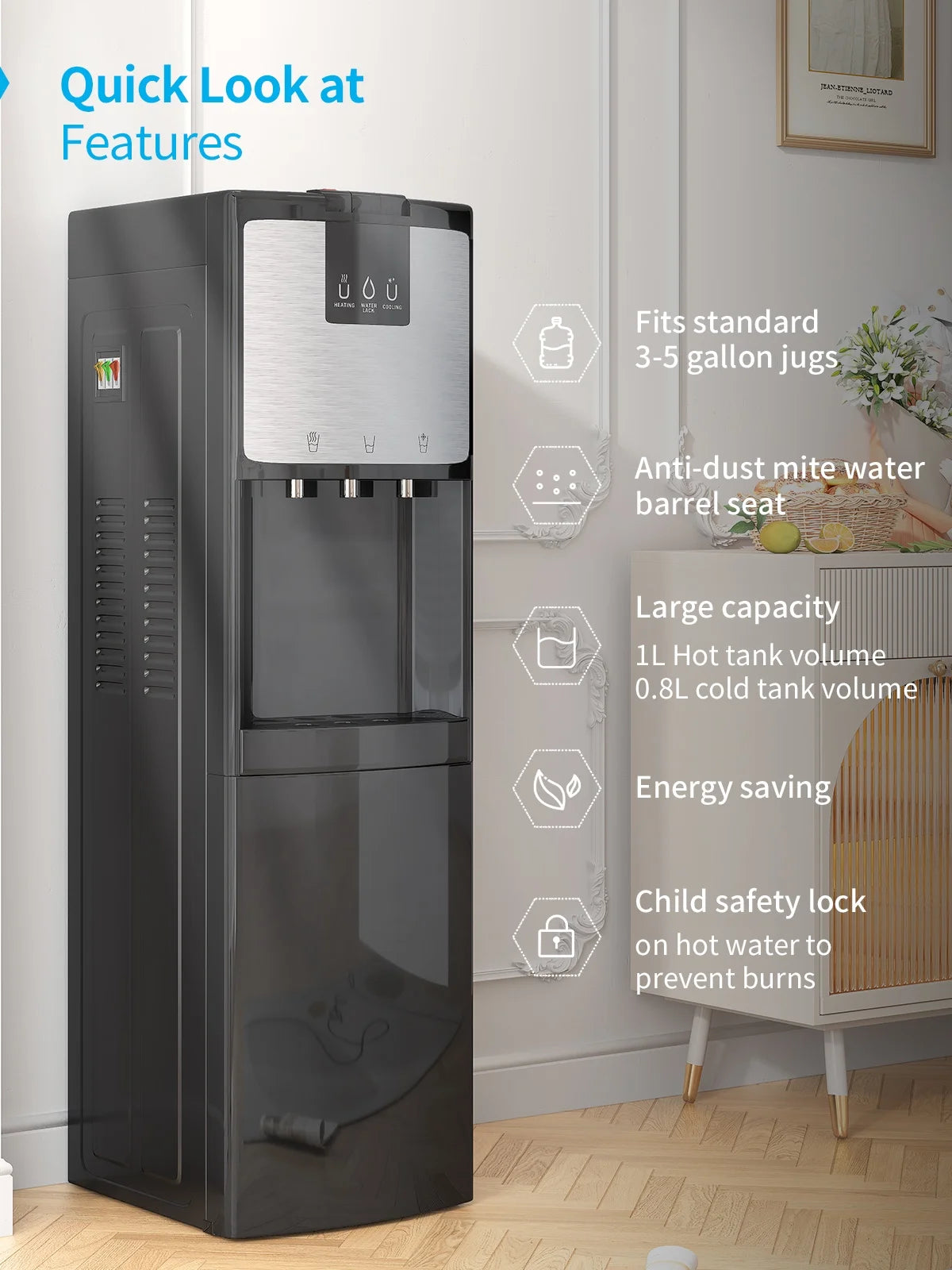 Bottom Loading Water Dispenser, Hot/Cold/Room Temperature, 3 or 5 Gallon, Black F1292