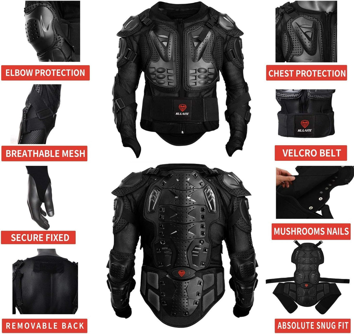 Black Adjustable Motorcycle Protective Jacket and Knee Pads Guard Gear N119012