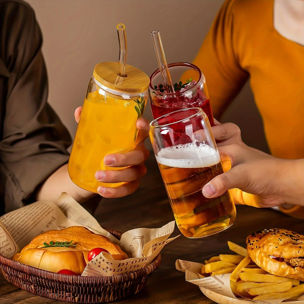 16oz Can Shaped Drinking Glasses with Bamboo Lids and Glass Straws K502