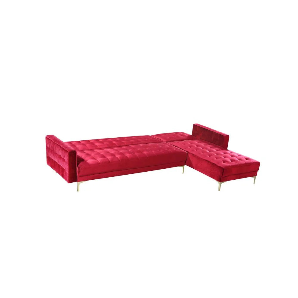 Right Facing Convertible Sectional Sofa Sleeper Bed L Shape Chaise Tufted Velvet Upholstered Red Y9624