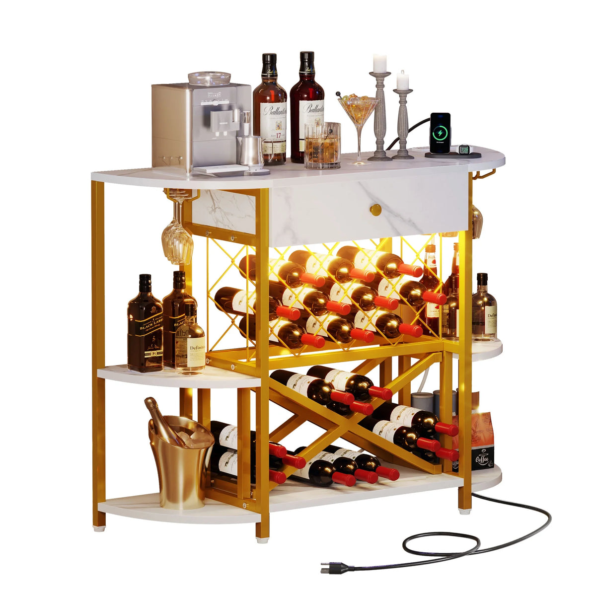 3-Tier Wine Cabinet with LED Lights and Power Outlets T5980