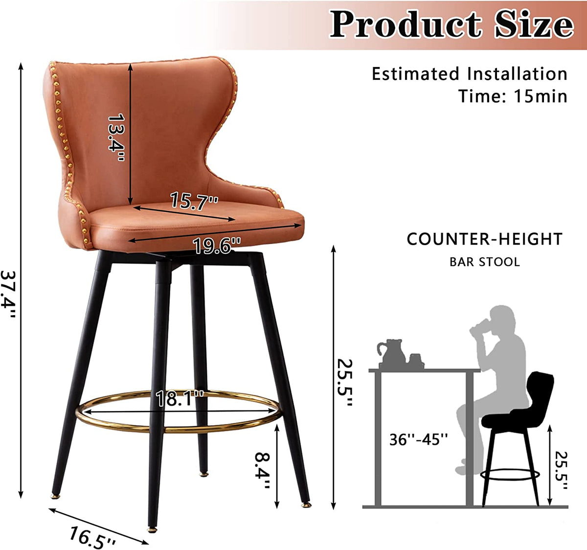 Upholstered Counter Height Fabric Bar Stools Set of 2 with Metal Legs N266