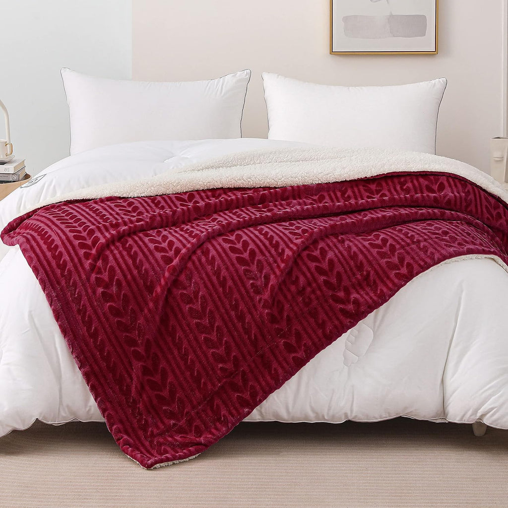 Camel Sherpa Fleece Throw Blanket with Leaves Pattern V581