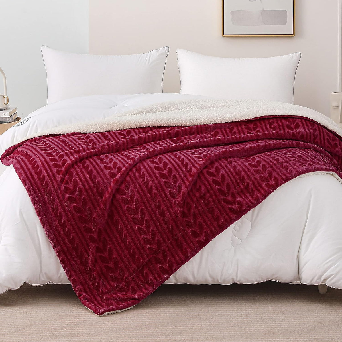 Camel Sherpa Fleece Throw Blanket with Leaves Pattern V581