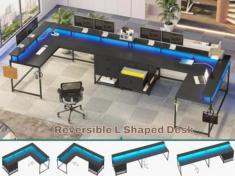 Black L Shaped Corner Computer Desk with Drawers P2695